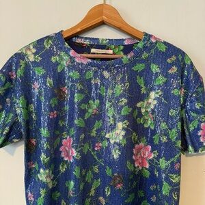 Zara Trafaluc Size Small Blue Multi-Color Floral Print Sequin Top, Size S